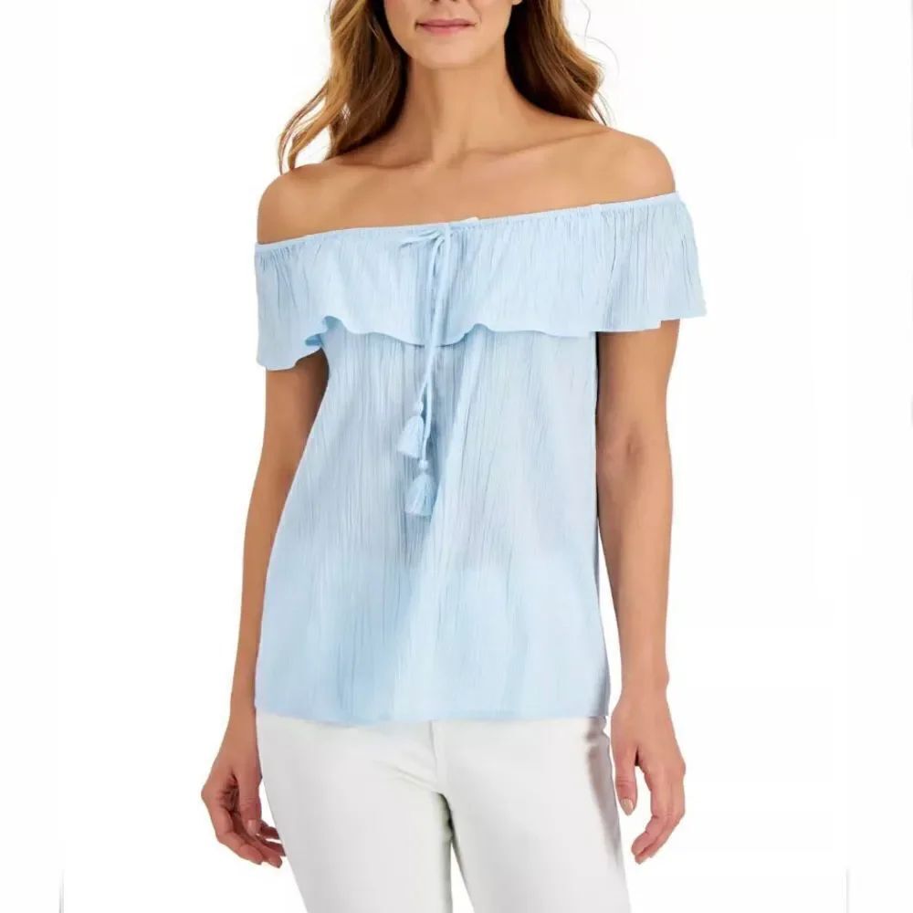 NWT Style & Co L Light Blue Peasant Cold Shoulder or not Ruffle tie detail top